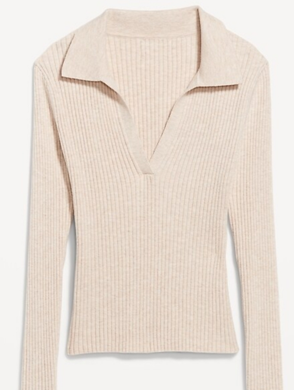 Cotton Ribbed V-Neck Polo Sweater in Beige - Picture 7 of 8